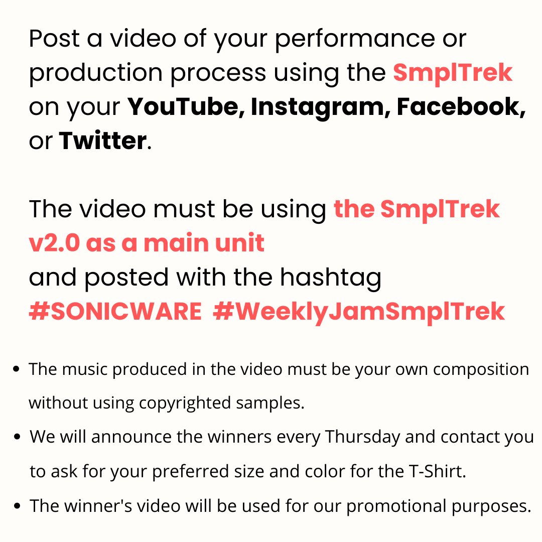 SonicwareInc's tweet photo. SmplTrek Weekly Jam Competition!

A limited edition T-shirt for the two winners weekly!

We look forward to your participation.

#SONICWARE #WeeklyJamSmplTrek #SmplTrek #sampler https://t.co/Cv4IQ0WSgQ
