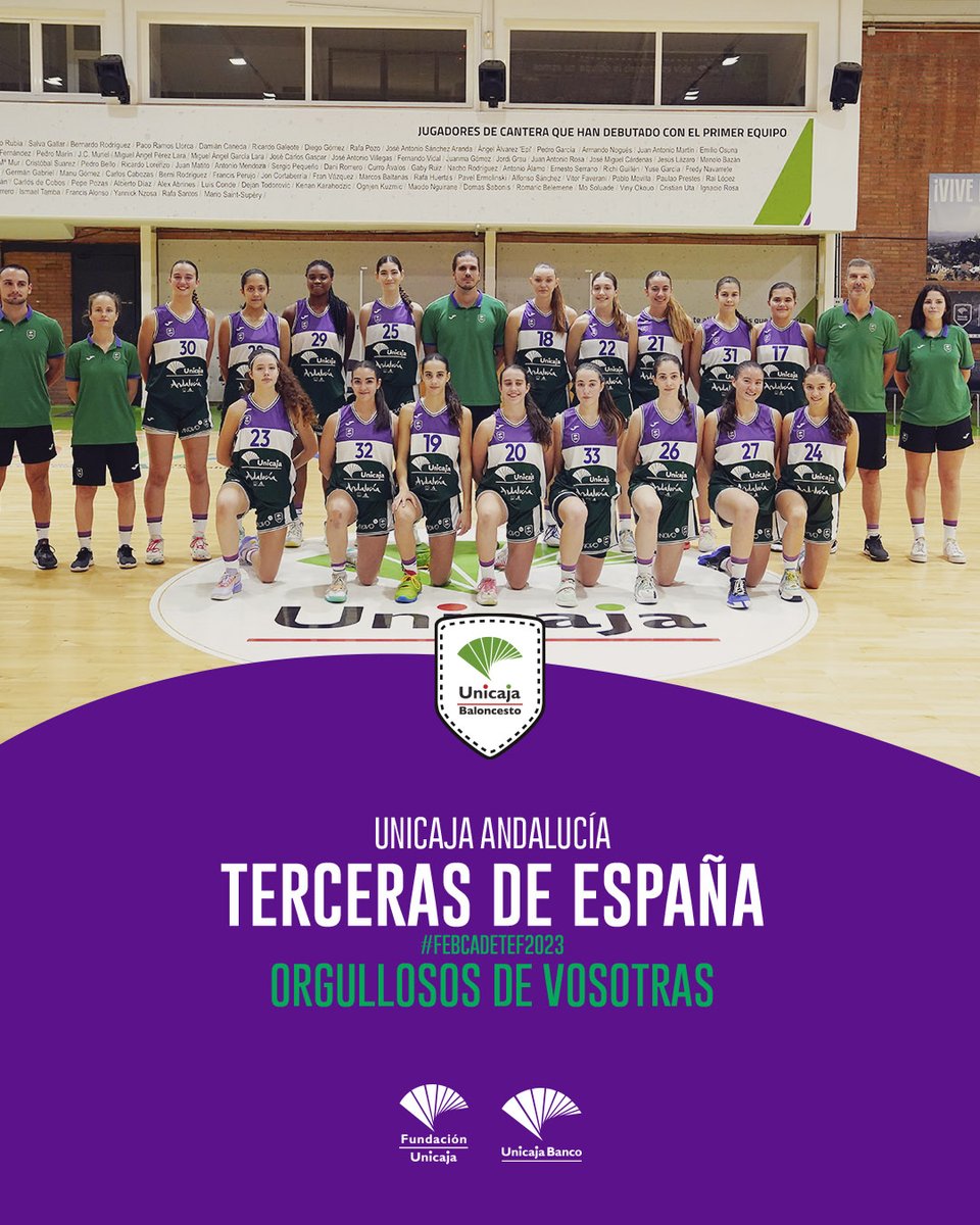 🥉 𝐓𝐄𝐑𝐂𝐄𝐑𝐀𝐒 DE ESPAÑA🥉

👏 El Unicaja Andalucía Cadete #femenino supera a @Penya1930 62-70 y consigue el #bronce en el #FEBCadeteF2023 

😍 ¡ENHORABUENA! ¡ORGULLOSOS DE VOSOTRAS!

💚💜 #UnicajaJuntas @FundUnicaja @UnicajaBanco @CanteraUnicajaC