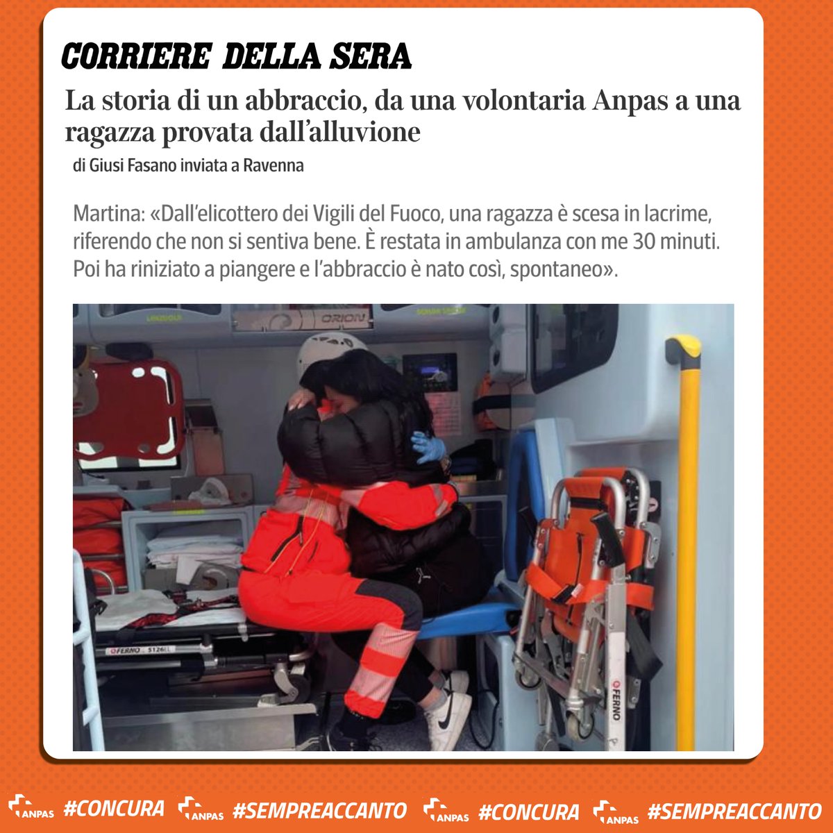 Anpasnazionale's tweet photo. «Abbiamo parlato un po’, era quello che le serviva. È stato tutto molto spontaneo, l’abbraccio è venuto da sé. Contano più di tutto, e io sono felice di averla aiutata anche con un gesto cosi piccolo».
La storia di Martina, volontaria #Anpas @Corriere https://t.co/Daf3xFHVQL https://t.co/CVDjLXWmsF