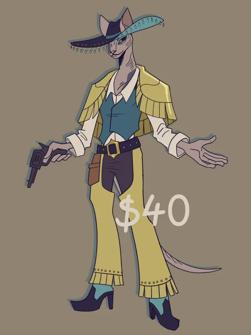 small batch of dnd design adoptables! elf artificer, tabaxi gunslinger, and muppetborn bard! prices are in usd. dm me if you're interested !