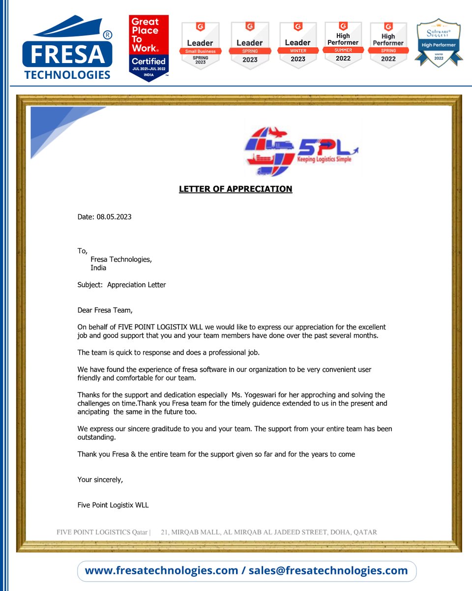 fresatechnology's tweet photo. Dear Fresa Team,
On behalf of FIVE POINT LOGISTIX WLL we would like to express our appreciation for the excellent job and good support that you and your team members have done over the past several months.

#fresa #ClientAppreciation #goodsupport #support  #FivePointLogistix https://t.co/COBvlAKI8R