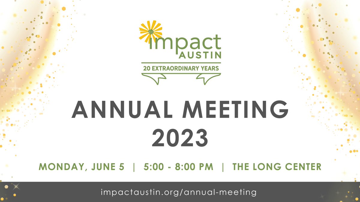 Here they are - 20 reasons you'll want to attend Impact Austin's Annual Meeting on June 5.  bit.ly/3Mls1k5

Members, it's time to register! bit.ly/3nSCha5
#impactaustin #grants #collectivegiving #givingcircle #centraltexas #nonprofitfunding #womeninphilanthropy