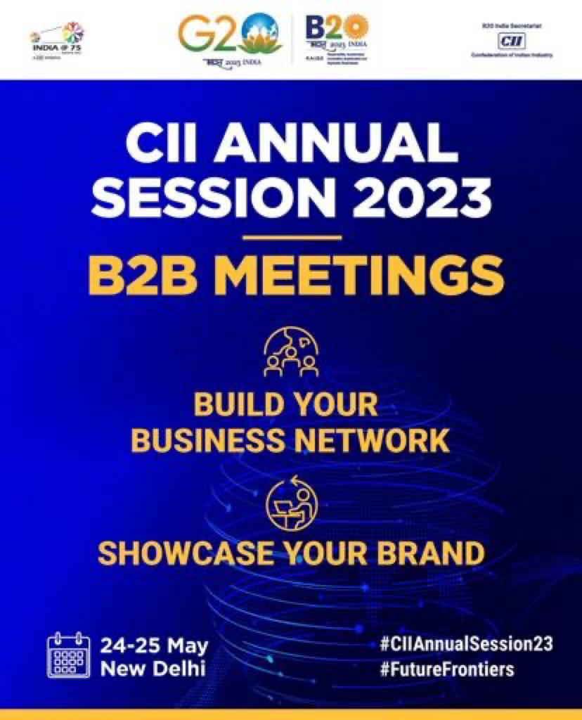 Schedule exclusive B2B meetings with #business participants at the #CIIAnnualSession23 and network with 1000+ CEOs and CXOs.
Sign up at ➡ciiannualsession.b2bmeeting.in
#FutureFrontiers #technology #Sustainability #development #partnership #Businesses