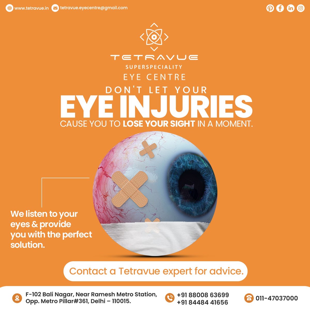 If you got an eye injury then immediately consult #tetravue Book your appointment today +91 88008 63699 +91 84484 41656
#eyecentre #drneha #drnehagoel #drmukeshtaneja #eyeinjury #eyesafe #eyesafety #eyehealth #eyecare #visionhealth #optometrist #kidseyeinjury #tetravueeyecentre