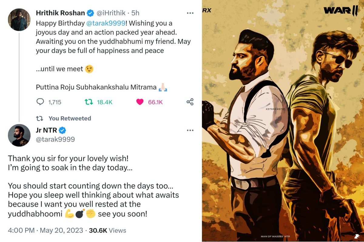 #War2 Begins ..🔥 

Awaiting You On The YuddhBhumi '- #HrithikRoshan 

'You should start counting down the days too… Hope you sleep well thinking about what awaits because I want you well rested at the yuddhabhoomi '- #JrNTR.

Image Credit - #KetanArtzz