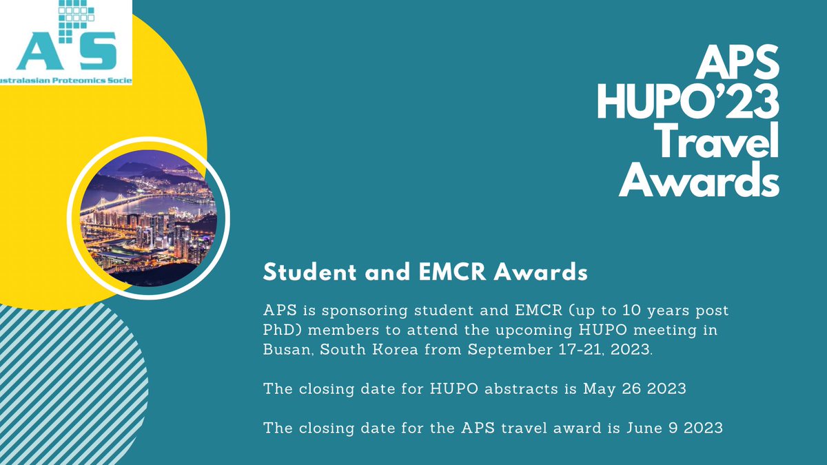 Australasian Proteomics Society (@lorneproteomics) on Twitter photo Attention students and ECRs- APS is sponsoring members to attend the upcoming <a href="/hupo_org/">Human Proteome</a> meeting in Busan, Korea. Abstracts close on 26th May and applications for the award close 9th June. More details on APS website australasianproteomics.org #TeamMassSpec Attention students and ECRs- APS is sponsoring members to attend the upcoming <a href="/hupo_org/">Human Proteome</a> meeting in Busan, Korea. Abstracts close on 26th May and applications for the award close 9th June. More details on APS website australasianproteomics.org #TeamMassSpec