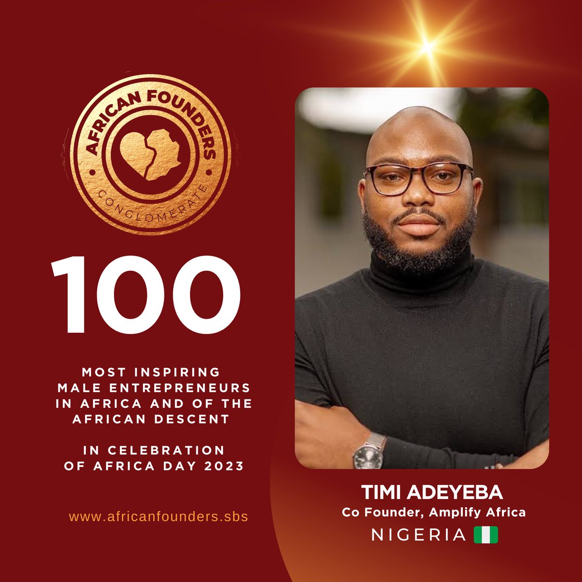 #AFCFeatures | In celebration of AFRICA DAY , We honor <a href="/TimiAdeyeba/">Adeyeba Timi</a> for his resilience, achievements and great entrepreneurial spirit.

African Founders Feature.
#100mostinspiringmaleentrepreneur
