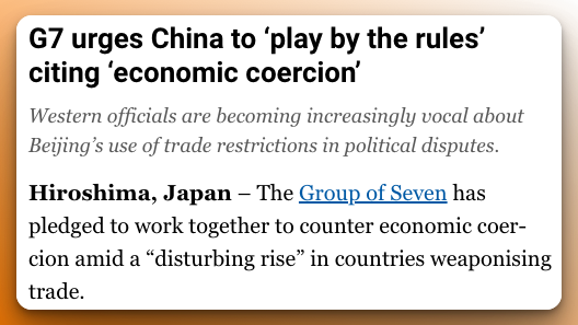 Perhaps the G7 could lead by example in 'playing by the rules', starting with dropping its illegal sanctions against Cuba, Venezuela, Russia, Belarus, DPRK, China, Nicaragua, Zimbabwe, Eritrea, Iran and Syria?

Just a thought.