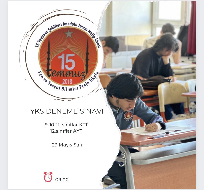 Sevgili öğrencilerimiz; 

23 Mayıs Salı günü tüm okul kademesinin KTT &amp; YKS sınavı olacaktır. Oturma düzenleri kelebek olup, pazartesi detaylar sizlerle paylaşılacaktır. 

Hepinize kolaylıklar dileriz! 🙋🏻‍♂️