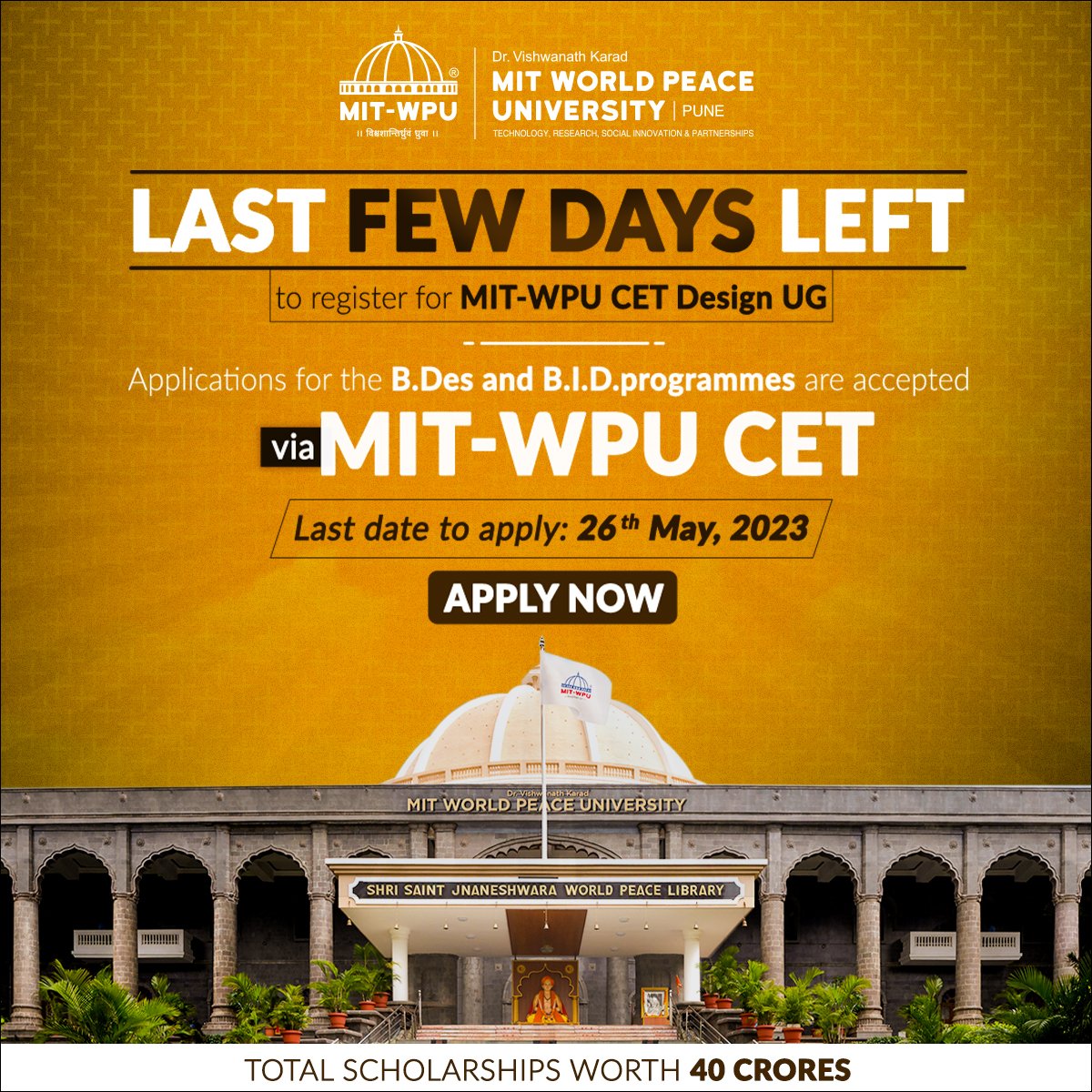 vidyavision_com's tweet photo. Last Few Days Left to register for MIT_WPU CET Design UG. Application for the B.Des and B.I.D. programs are accepted via MIT-WPU CET. The last date to apply is 26th May 2023.
Apply Now: https://t.co/XZMki5dX6E
#MITWPU #MITWorldPeaceUniversity #MIT #mitwpucet #bdes #bid #MITPune https://t.co/rTenJy7YAb