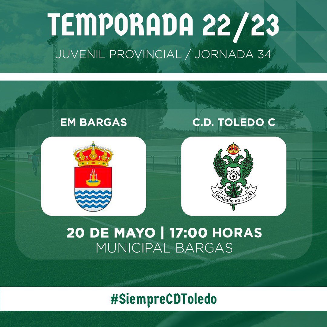 CD_Toledo's tweet photo. 𝗗𝗜́𝗔 𝗗𝗘 𝗣𝗔𝗥𝗧𝗜𝗗𝗢 #CDToledoJuvC | 

🆚 #EMBargas 
⌚️ 17.00h
🏟️ Municipal Bargas

#SiempreCDToledo 💚⚪️ https://t.co/o0YG2ELCcD