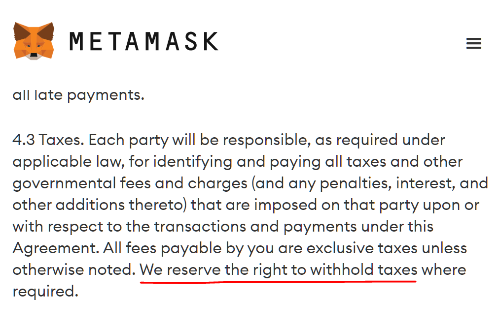🚨 Metamask (appartenant à Consensys de Joseph Lubin, le cofondateur d'Ethereum) update ses CGU

Ils se réservent le droit de garder vos crypto pour payer vos taxes &amp; quand le gouvernement le demandera, 

ils se réserveront aussi le droit de bloquer vos fonds

You'll see 🧙‍♂️