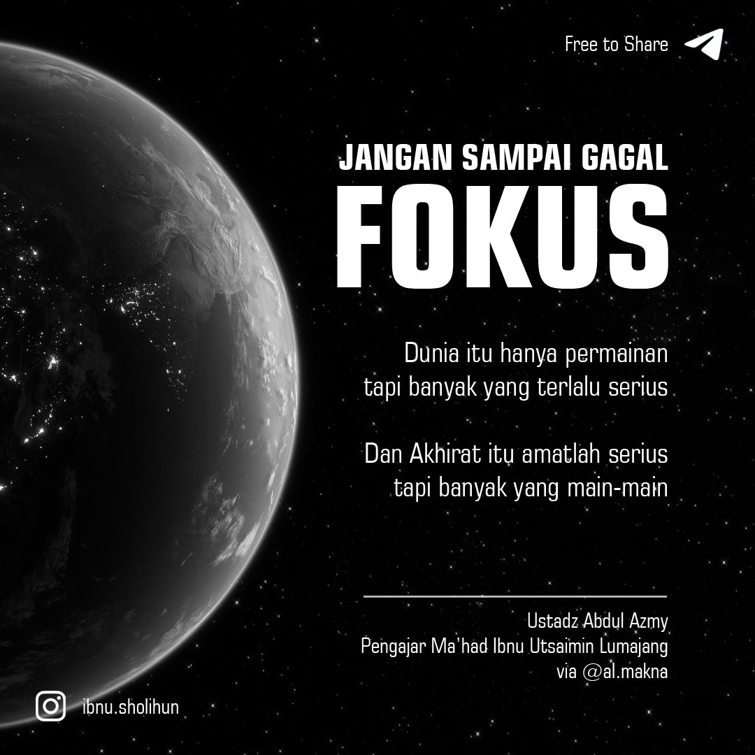 fahruinsight's tweet photo. JANGAN SAMPAI GAGAL FOKUS

Dunia itu hanya permainan tapi banyak yang terlalu serius
Dan Akhirat itu amatlah serius tapi banyak yang main-main

======
Ustadz Abdul Azmy
Pengajar Ma’had Ibnu Utsaimin Lumajang

Copas dari IG @thesunnah_path https://t.co/pAyzMcjHCu
