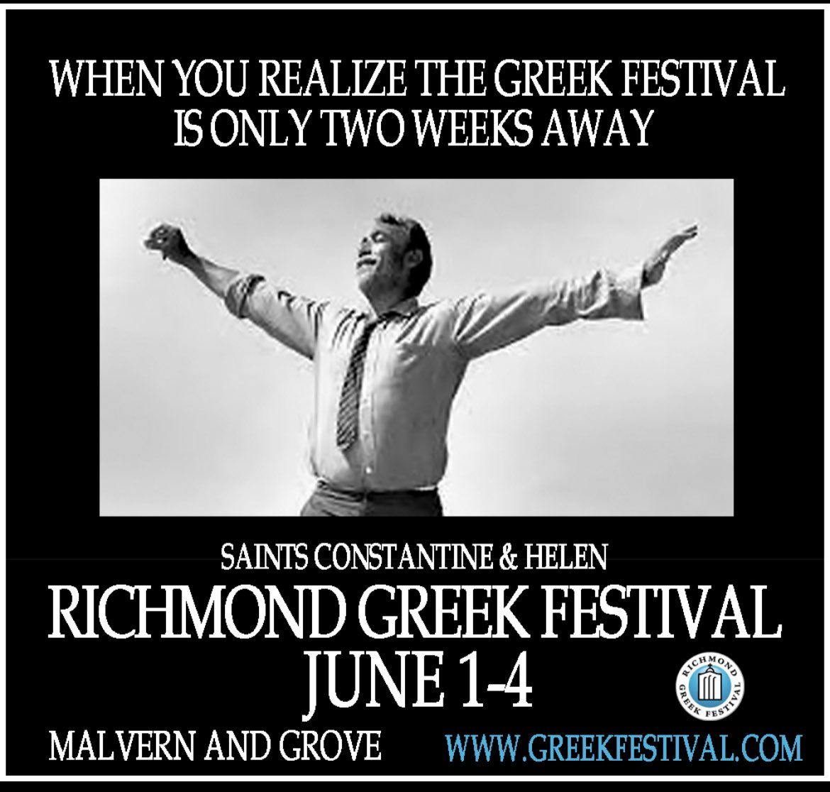 June 1-4 we are BACK! See y’all in two weeks Richmond! #opaRVA 

Check out the full details at
greekfestival.com