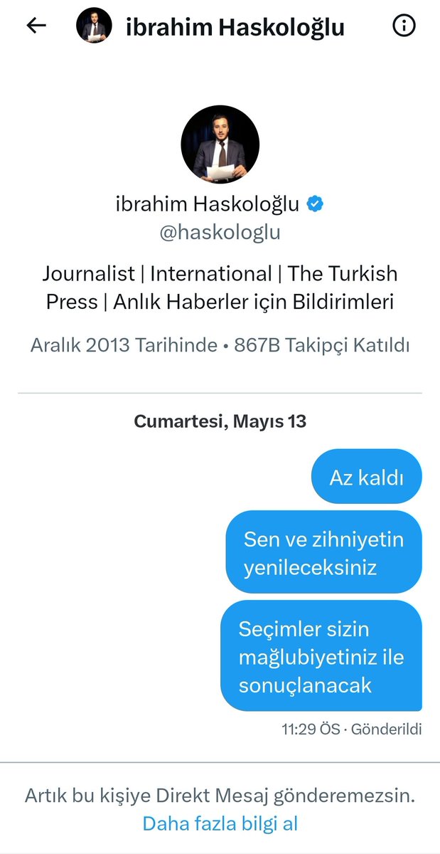 Bak <a href="/haskologlu/">ibrahim Haskoloğlu</a> beni engellemeyi başardın! Ama 14 Mayısta sandıkta bize engel olamadın. Sana 13 Mayısta dediğim 14 mayısta gerçekleşti ve inşallah 28 Mayısta daha çok rezil olacaksınız.
İnsanları engellemek acizliktir adamsan cevap verirsin dicem ama sende o yürek yok 😂😂😂