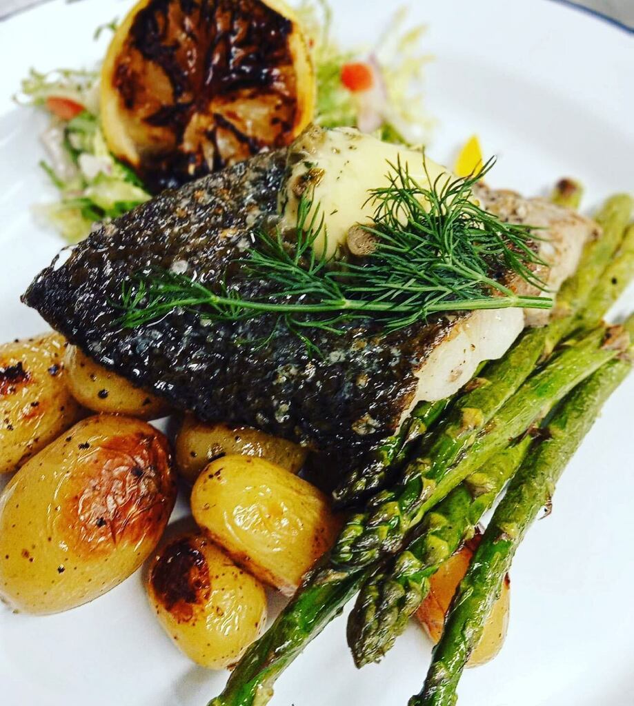 SATURDAY specials include this……👏 Brixham Stone Bass w/ roasted new potatoes, grilled asparagus, lemon, caper, chive & dill butter £15.95. Eat in the restaurant 👍 #wearethecove