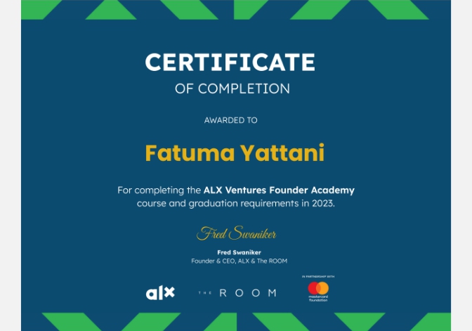 Gratitude overflows as I receive my Certificate of Completion from ALX Ventures Founder Academy. Thankful for the transformative experience and the opportunity to gain invaluable skills. Excited for the next chapter of my entrepreneurial journey! #ALXVentures #FounderAcademy