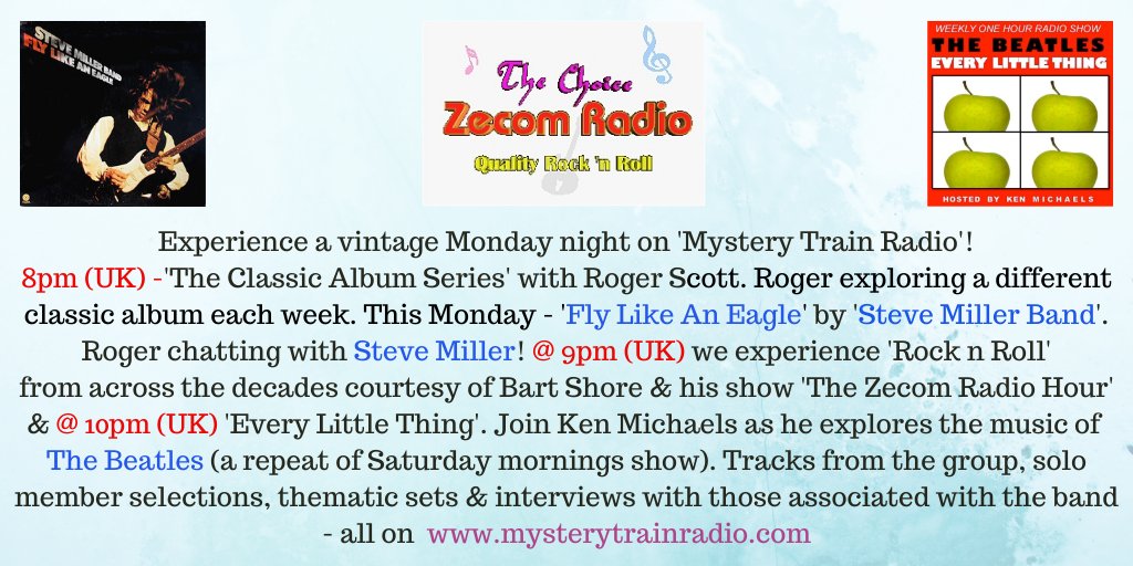 MTrainRadio's tweet photo. 29/05 - 8PM (UK) - #SteveMiller of @SMBofficial talks to #RogerScott about the classic LP 'Fly Like An Eagle'!
9PM - @BartShore plays the very best in 'Rock in Roll!
10PM - Ken to air a #Beatles Decades Sampler, as we span several decades of music with a song each from them! https://t.co/hIV0eqjoqo