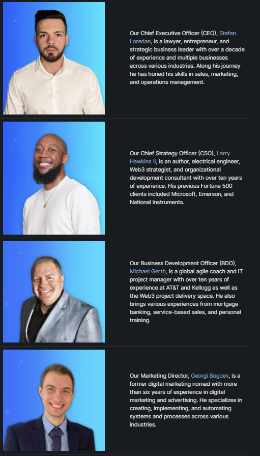 Lets start with the INSANE team behind the project, here they are : 

Team of 4 true builders, publicly doxxed and experienced people.