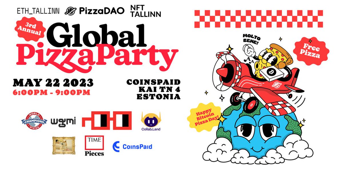eth_tallinn's tweet photo. BTCPizza Day in Tallinn 🍕

Celebrating a historic crypto event: The first real-world transaction in Bitcoin.

Join us for pizza &amp; beer 🍻

📆 22nd of May, 6pm

Sponsored by @eth_tallinn @Pizza_DAO @coinspaid @NFTTallinn 

👇👇 
https://t.co/RyIn0dG03Y https://t.co/fGOJA8dykb