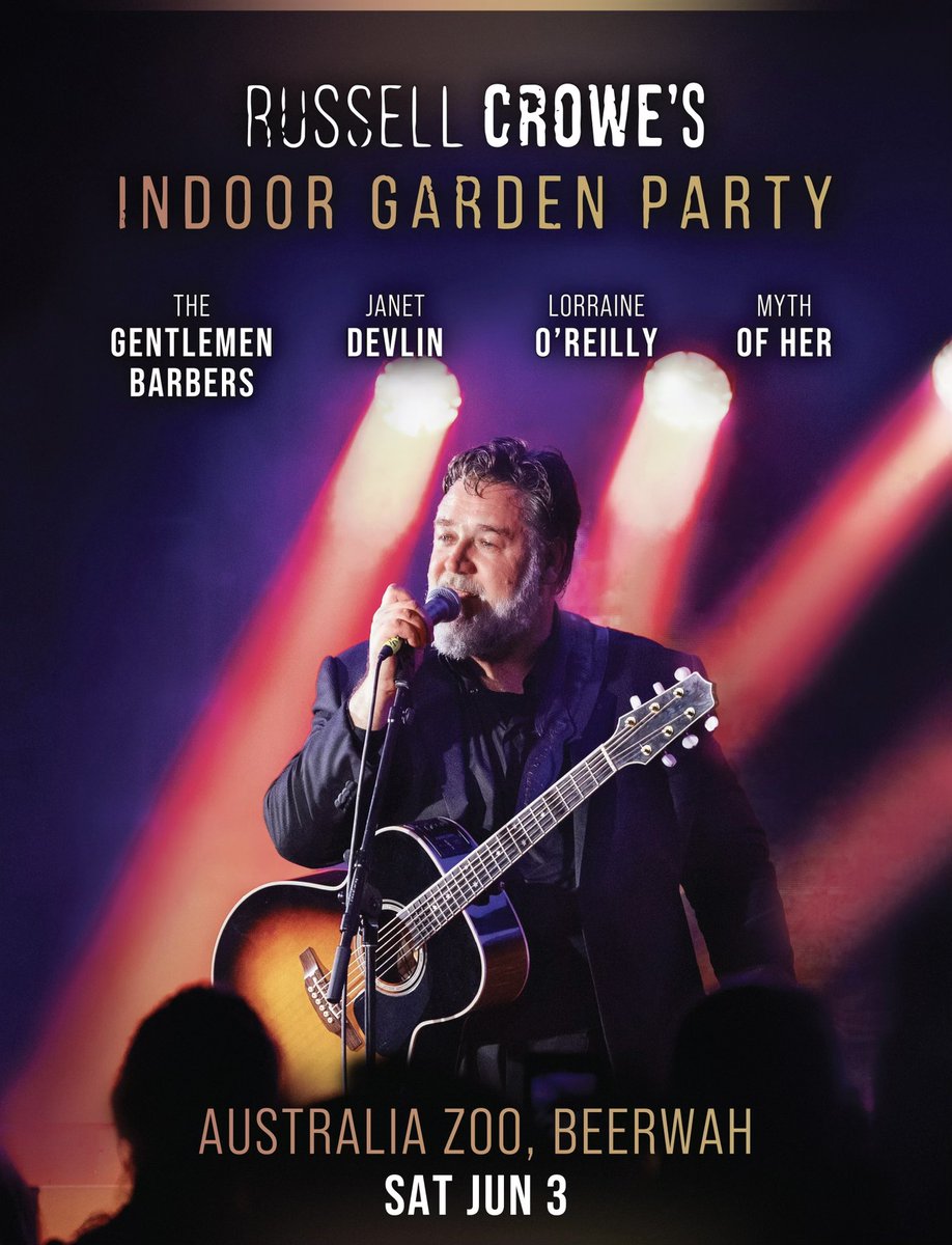 TerriIrwin's tweet photo. We’re excited to invite you to join us in 2 weeks for the musical talents of @russellcrowe &amp; Indoor Garden Party. The concert is at 12:00 noon on June 3rd, &amp; is included with your paid admission to @AustraliaZoo. It’s an honour to have Russell perform!

https://t.co/lJsEC69jZz https://t.co/ca6IzHkYqK
