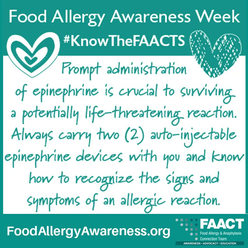 Day 20 of #foodallergyawareness month

Prompt administration of #epinephrine is crucial to surviving a potentially life-threating #reaction. #FAAW #FAACT FoodAllergyAwareness.org