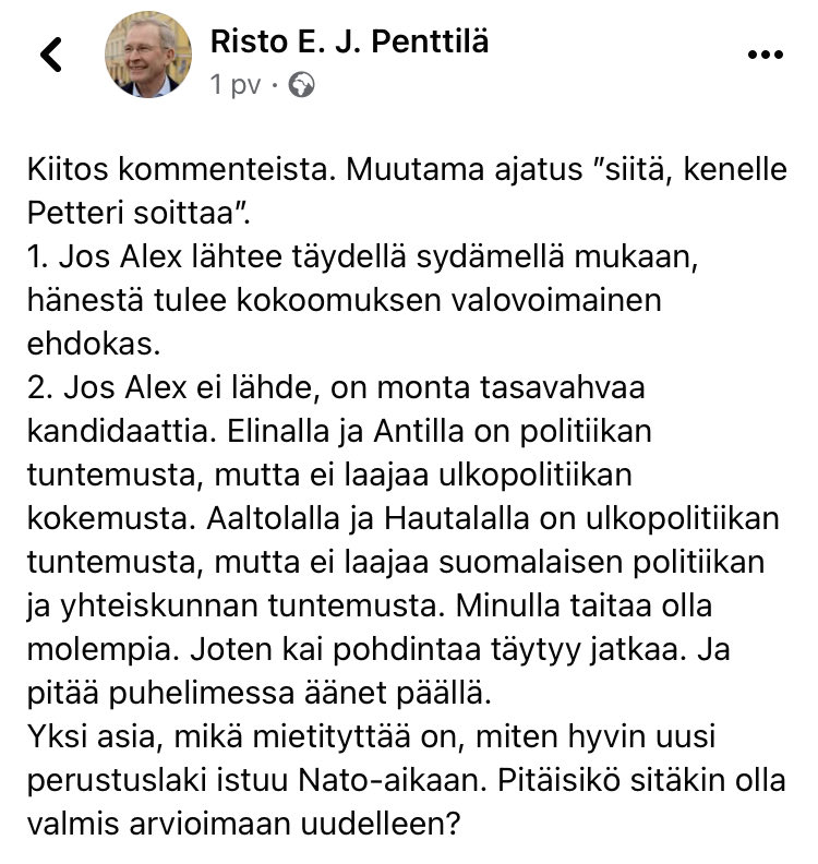 1/ Kyllähän @ristoej ihan uskottava ehdokas olisi ja saattaisi tulla jopa valituksi.

Sama pätee mielestäni myös @MikaAaltola ja @elinavaltonen.

Ben Zyskowiczin ajatus @kokoomus sisäisistä esivaaleista ei siis nähdäkseni alkuunkaan pöllömpi.

#Politiikka #Presidentinvaalit