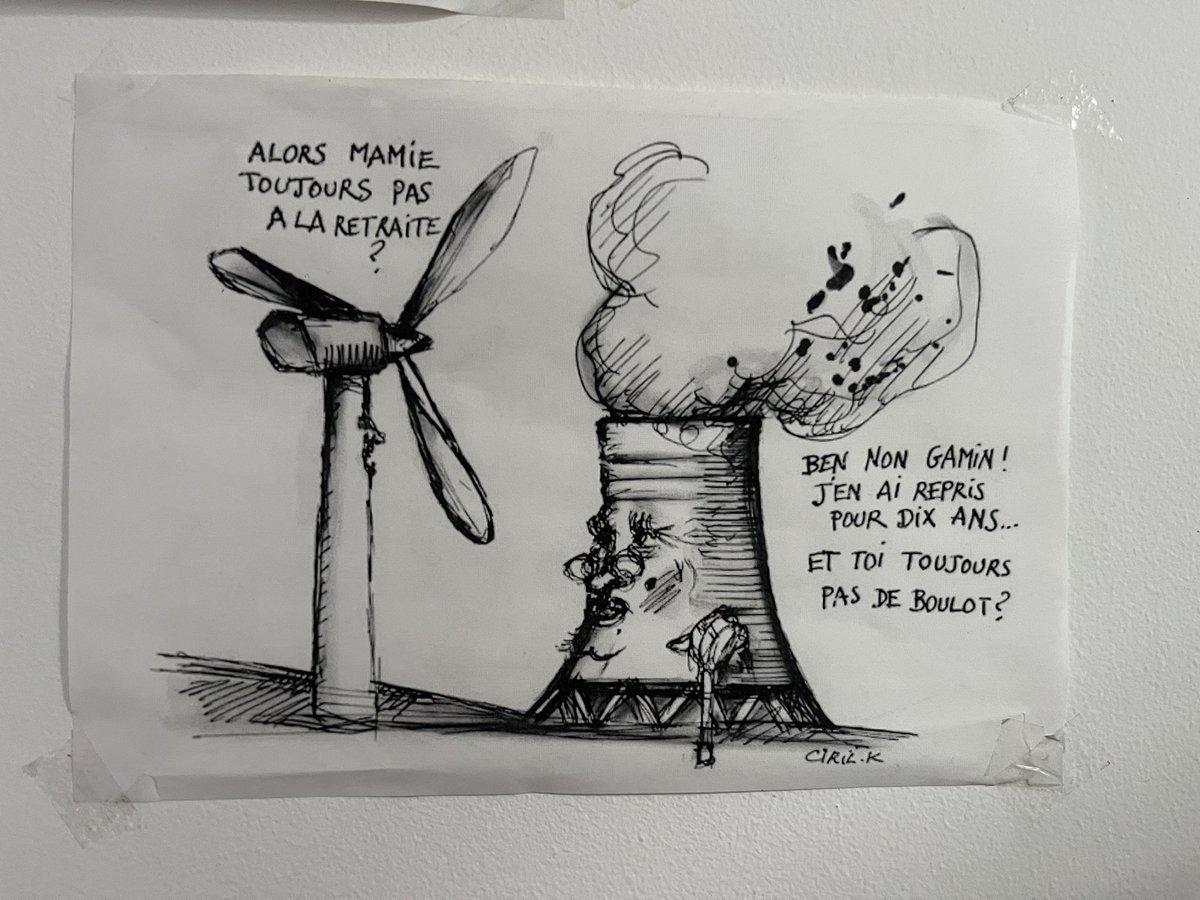 roxanabucata's tweet photo. #EnergyTransition humor is the best kind, epecially the French one 💚 Rough translation: 
-the wind turbine: hey, grandma, still no retirement?
-the nuclear plant: no, young child; and you, still no job? https://t.co/oUSm0RXesf