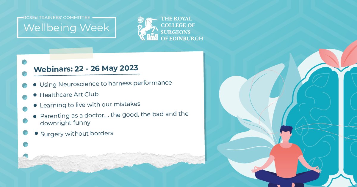 RCSEd's tweet photo. Join the Trainees’ Committee Wellbeing Week webinar series from 22 – 26 May. The committee will host 5 webinars covering a wealth of topics focusing on maintaining wellbeing, vital to enabling the provision of optimal patient care. Register today: https://t.co/sZ9ONW00rw https://t.co/clgdltripg