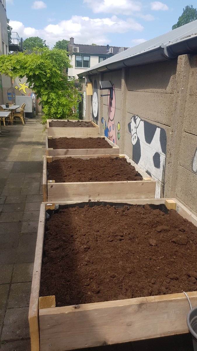 Afgelopen week nieuwe bakken in elkaar gezet,vandaag de aarde erin.Aankomende week kan het kweekgoed erin.Heb je zelf geen tuin?Natuurlijk mag je ook een bak adopteren en er je eigen kruiden of plantjes inzetten. Als je dat ook wil neem dan even contact op met <a href="/DeGeusHsum/">Wijkcentrum De Geus</a>