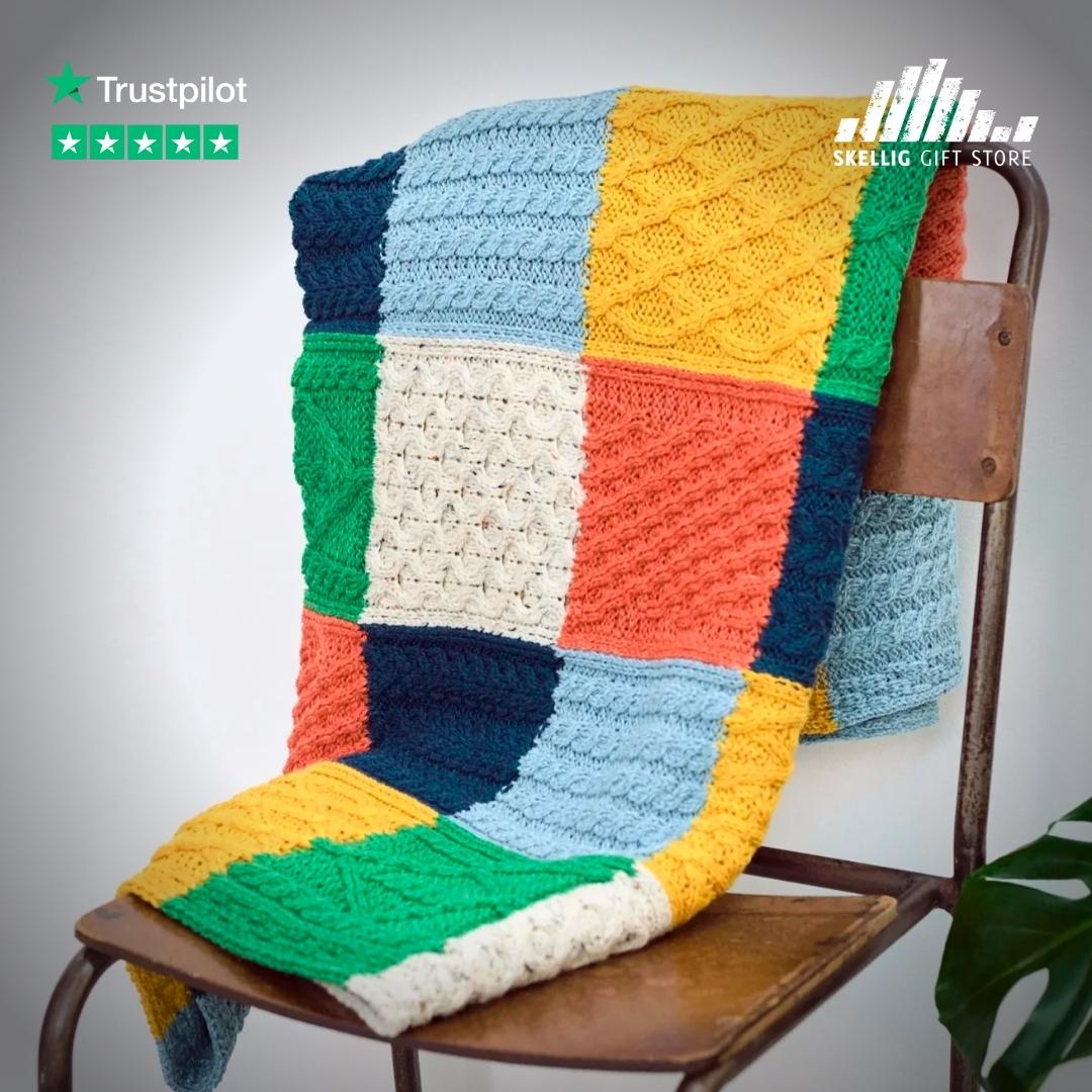 Pairing traditional aran switches with contemporary, bold and daring colours, this aran blanket offers the perfect pop of colour to your rooms! Find it here on Skellig Gift Store ➡️ pulse.ly/h3la5hz3w4

#IrishGifts #AranBlanket #Blankets #Throws