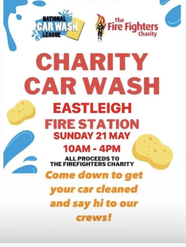 Eastleigh32's tweet photo. Less than 24 hours until our car wash, we will be selling refreshments throughout the day. Feel free to bring the little ones too as there will be an opportunity to have a look at our fire appliances @HantsIOW_fire https://t.co/JwUuGwbwRW