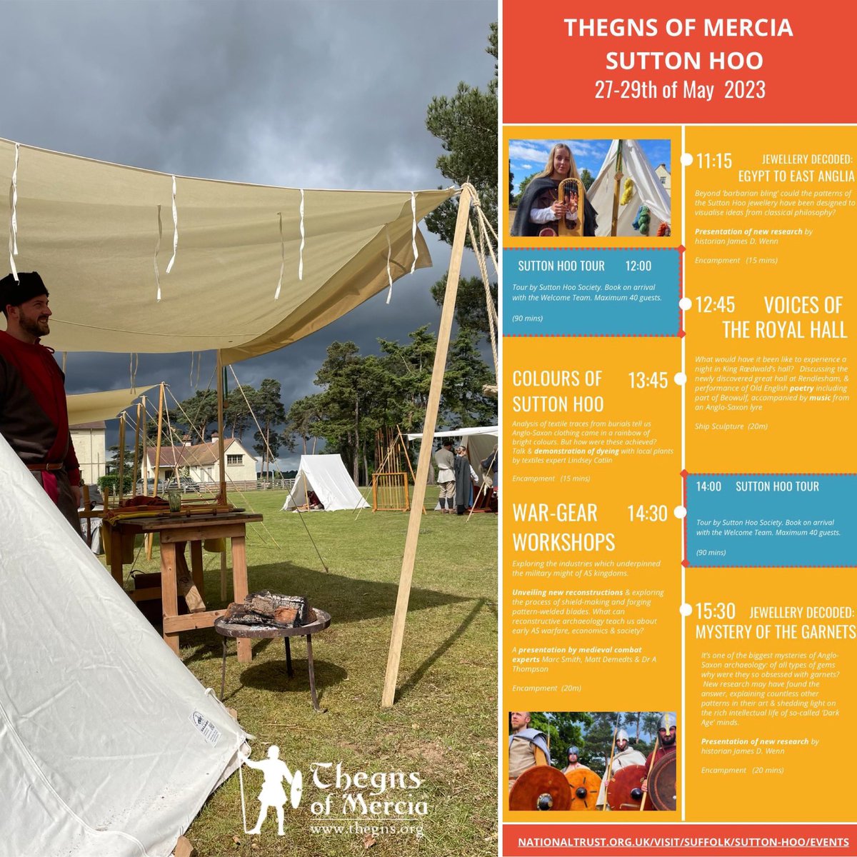 ThegnsOfMercia's tweet image. Next weekend @NT_SuttonHoo supporting @SaxonShipCo’s ‘Saxon Festival 2023’.  Big programme across both sites (see saxonship.org/saxon-festival…).  

Our #anglosaxon #medieval #livinghistory #reenactment camp up at NT site will be open 10am-5pm, Sat (27) -Mon (29).

More details below…