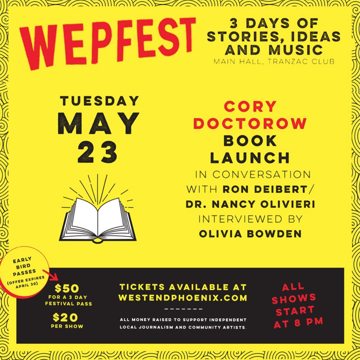 DrNancyOlivieri's tweet photo. Tuesday May 23!!
At #WEPfest with @OliviaBowden__ & @westendphoenix, I talk about a scandal relevant to any who may need a drug.
Patients. BigPharma. Conflicts of interest. Coverups:
https://t.co/0vnMzaIvd7
Book launch! @doctorow #redteamblues
Tickets: https://t.co/rgBkxIIPZS
🧵 https://t.co/RrfpvuzHXs