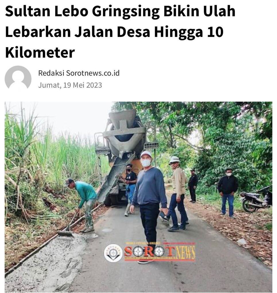 AsliBatang's tweet photo. BATANG, JATENG – Sultan Lebo HB Rasiman bikin ulah, jalan desa yang semula hanya tiga meter dibuat lebar jadi lima meter. Warga Desa Lebo, Kecamatan Gringsing, Kabupaten Batang tersebut menggelontorkan cuan hingga miliaran rupiah untuk perbaiki infratruk… https://t.co/uvGywF6qZf https://t.co/Q0itBY3m9M