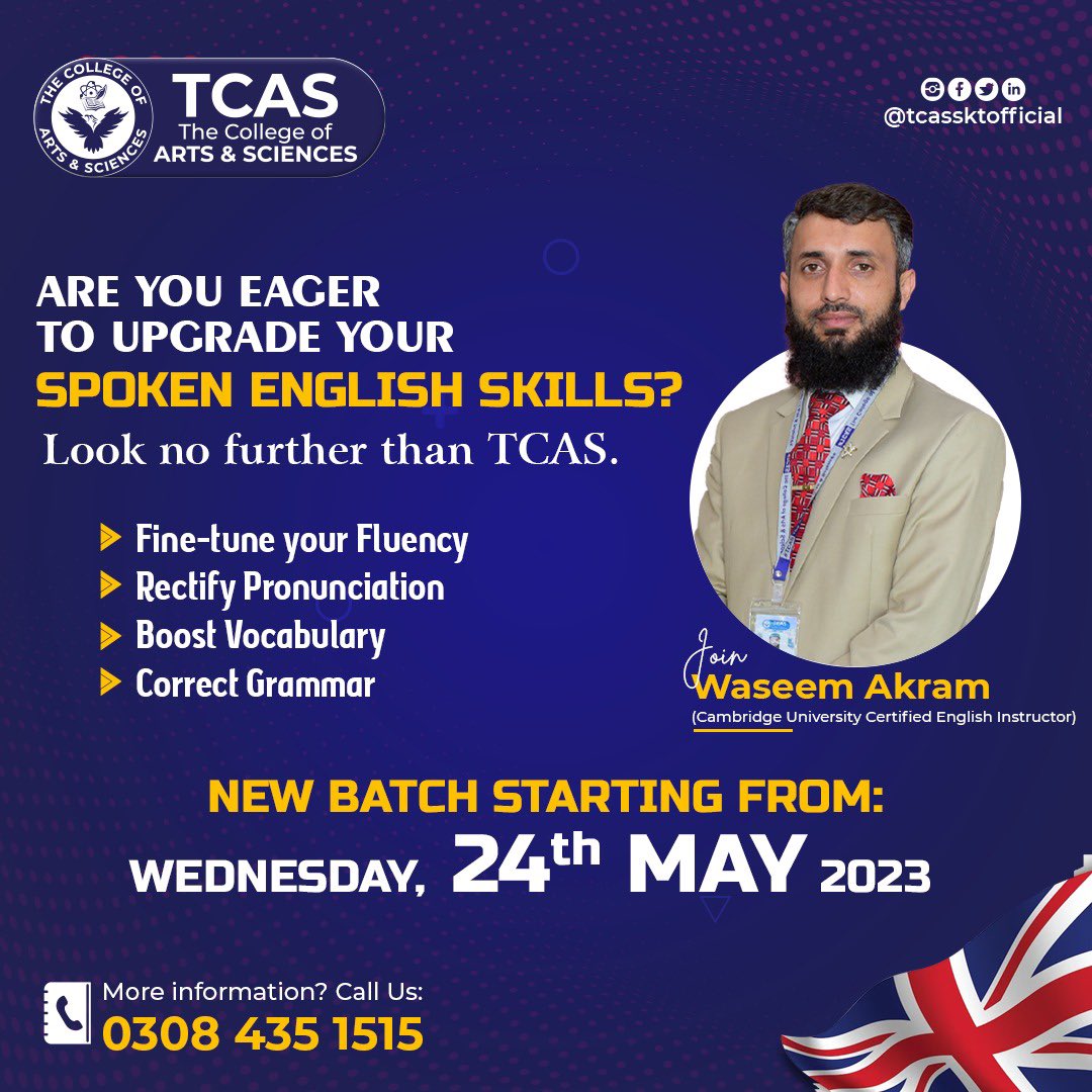 New batch is set to kick off on
Monday,  22nd May 2023

SO REGISTER TODAY!!!

#tcas #tcassialkot #spokenenglish #improveyourspeaking #englishconversation #englishfluency #speaklikeanative #learnenglish #speakconfidently #speakbetterenglish #englishlessons #languagelearning