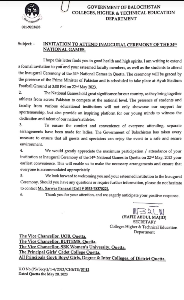 MajidBuhair's tweet photo. #National Games in Quetta 

Education and sports go hand in hand.

On 22nd May,  respected faculty and students of Quetta based institutions have been invited to participate n the innugural ceremony.
@CMOBalochistan 
@cs_balochistan 
@dpr_gob 
@hamzashafqaat https://t.co/Syx3iNYPtg
