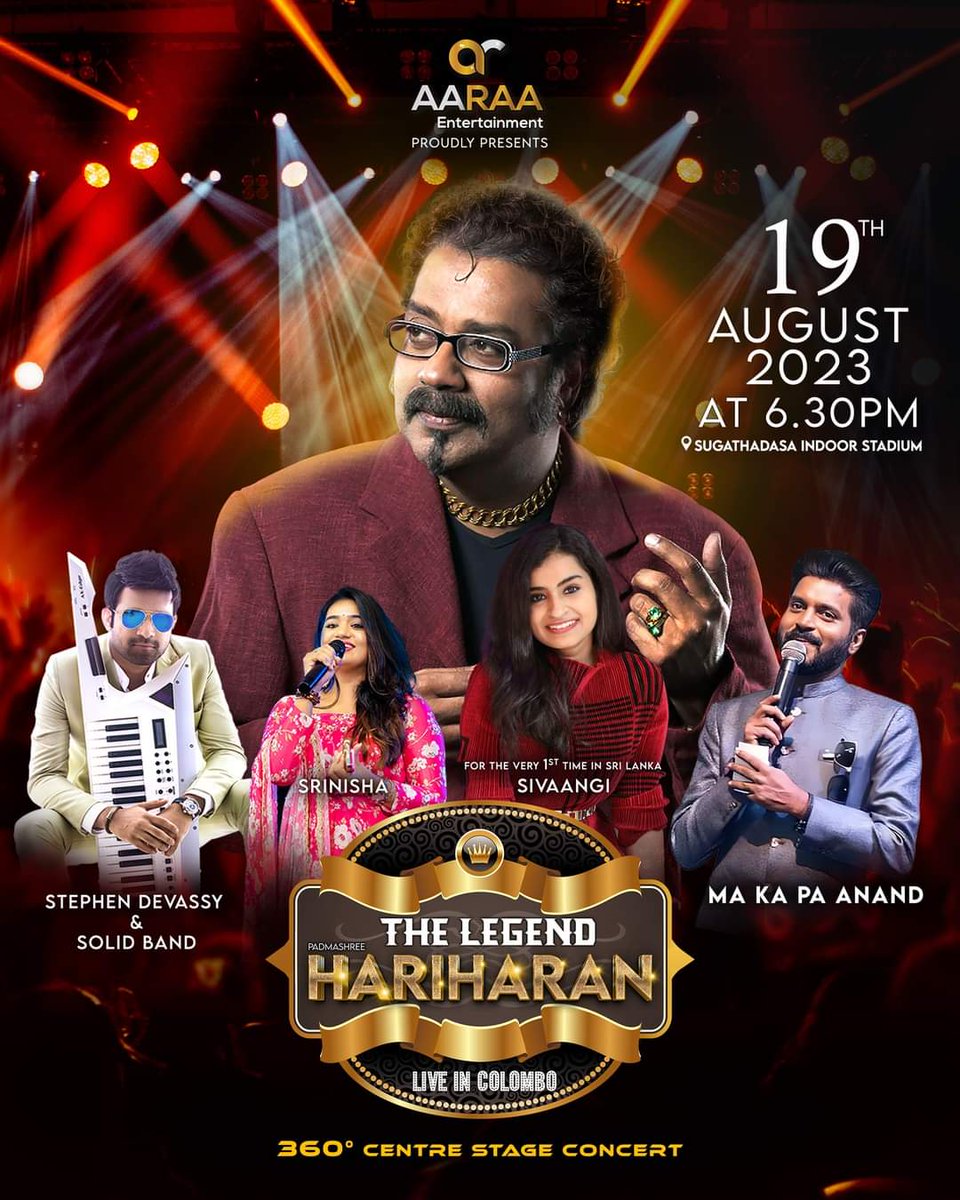 The legend  @SingerHariharan sir live concert in #colombo #SriLanka
🎶💫 We are warmly welcome to you all @makapa_anand Anna ❤️
@StephenDevassy brother ❤️
@sivaangi_k ❤️
@Srnishajayase2 ❤️
Thank you for the opportunity #Aaraaentertainment 🫰