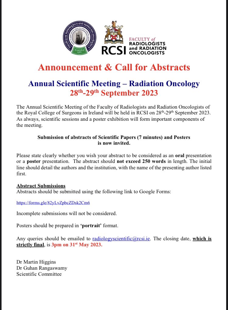 ASM 2023 will be an in-person event held in the Faculty of Radiologists and Radiation Oncologists, RCSI on Fri 29th Sept 

Visiting Professor Day on Thurs 28th Sept at #slron 

Full programme to follow! Abstract deadline 31st May!

#ASM2023 #radonc @radiologyirl @TheMartyHiggins