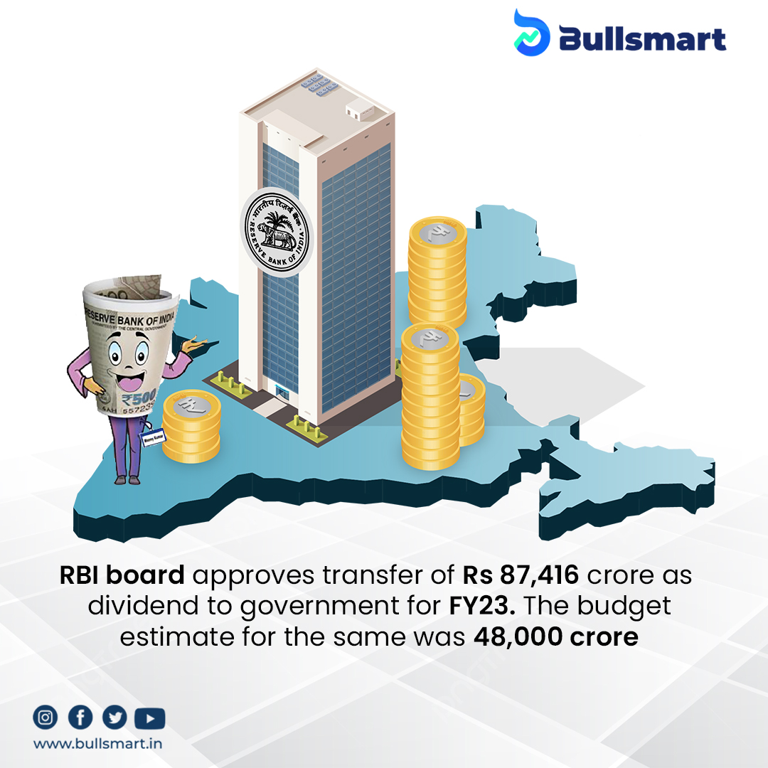 RBI board approves transfer of Rs 87,416 crore as dividend to the government for FY23.

#india #bullsmart #stocks #investment #investnow #rbi #reservebank #indianbank #indiancurrency #mutualfunds #saturdayfacts #trending #trendingnow