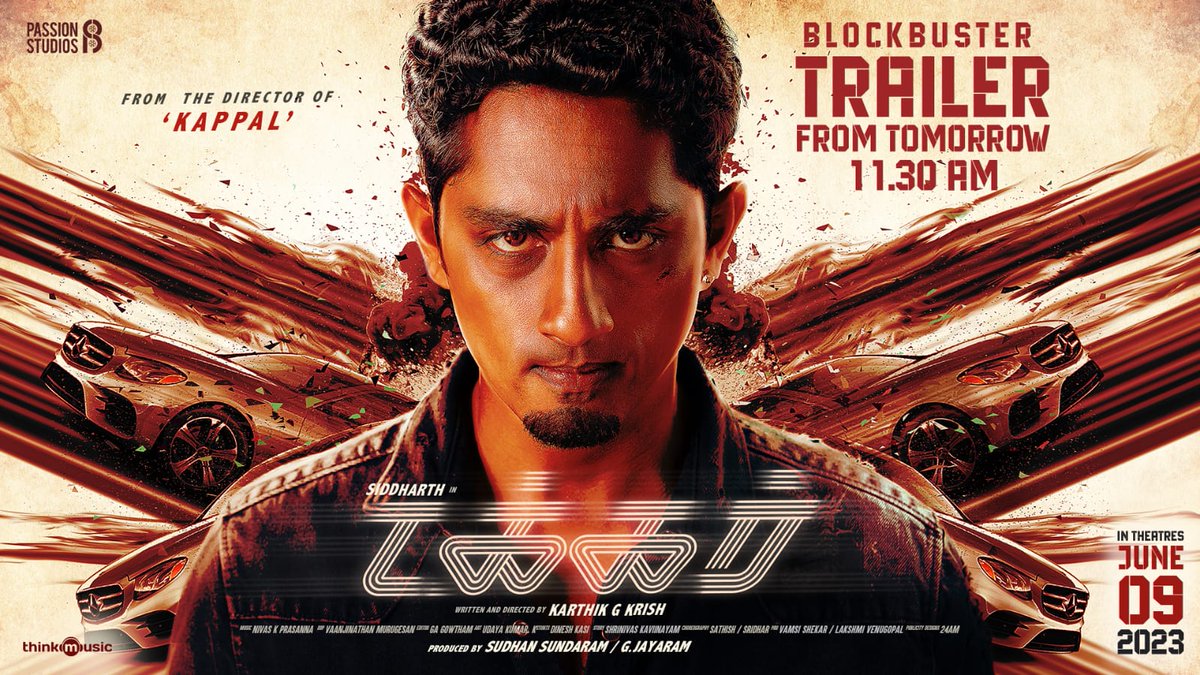 Blockbuster Trailer of #Takkar Releases Tomorrow 11:30 AM😎Twisted in the unique, core plot in the action packed &amp; racy thriller !! Directed by <a href="/Karthik_G_Krish/">KARTHIK G KRISH</a>
🌟#Siddharth 
#TakkarFromJun9
<a href="/PassionStudios_/">Passion Studios</a> <a href="/iYogiBabu/">Yogi Babu</a> <a href="/itsdivyanshak/">Divyansha Kaushik</a> <a href="/nivaskprasanna/">Nivas K Prasanna</a>   @thinkmusicindia@DoneChannel