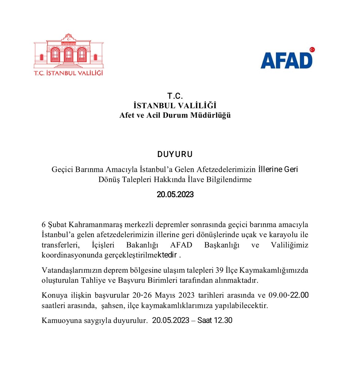 Geçici Barınma Amacıyla İstanbul’a Gelen Afetzedelerimizin İllerine Geri Dönüş Talepleri Hakkında İlave Bilgilendirme

istanbul.afad.gov.tr/gecici-barinma…