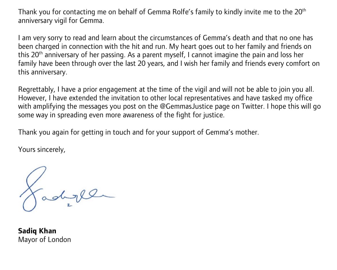 GemmasJustice's tweet photo. Recieved a letter from @MayorofLondon yesterday #JusticeForGemma 

Yesterday over 100 people attended the 20th anniversary Vigil to remember Gemma Rolfe on Slade Green Road in Erith. https://t.co/lcxQpxVDHR