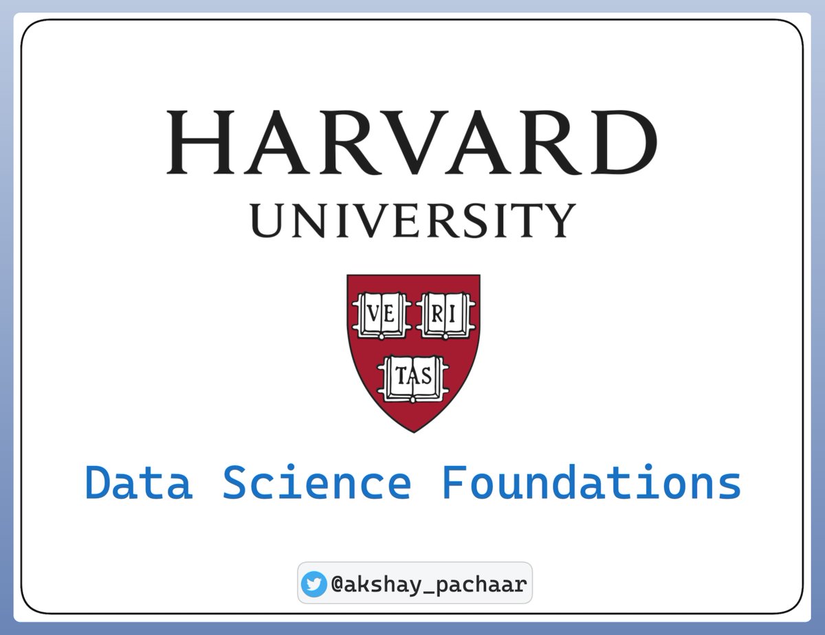 Harvard university is offering FREE world class education in Data Science!

Courses cover:
- Python
- Data Visualization
- Probability
- Statistics
- Machine Learning
- Data Science: Capstone

A project-based pedagogy that allows you to learn while building! 🚀

Read more 🧵👇
