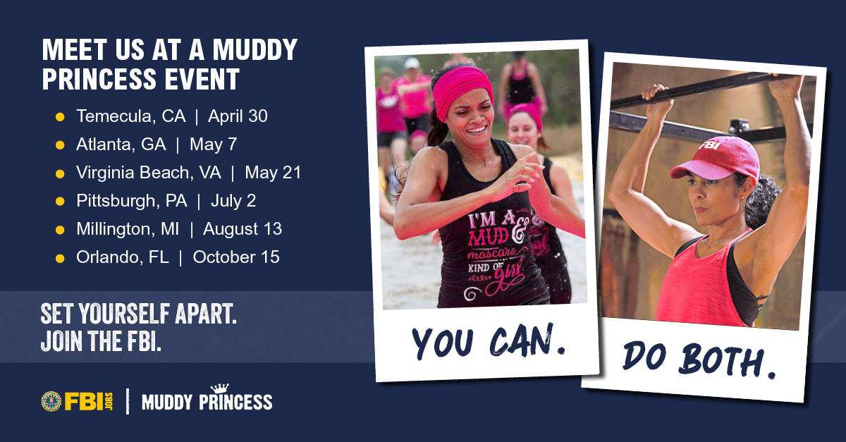 FBIPittsburgh's tweet photo. Attn Ladies...dig deep to find your inner 👸 then mark your calendar for July 2, to meet #FBIWomen from @FBIPittsburgh during the #MuddyPrincess event in #Pittsburgh
Forge your path with #FBIJobs.
https://t.co/gjaQw8QmEX https://t.co/QmcHpZGcXD