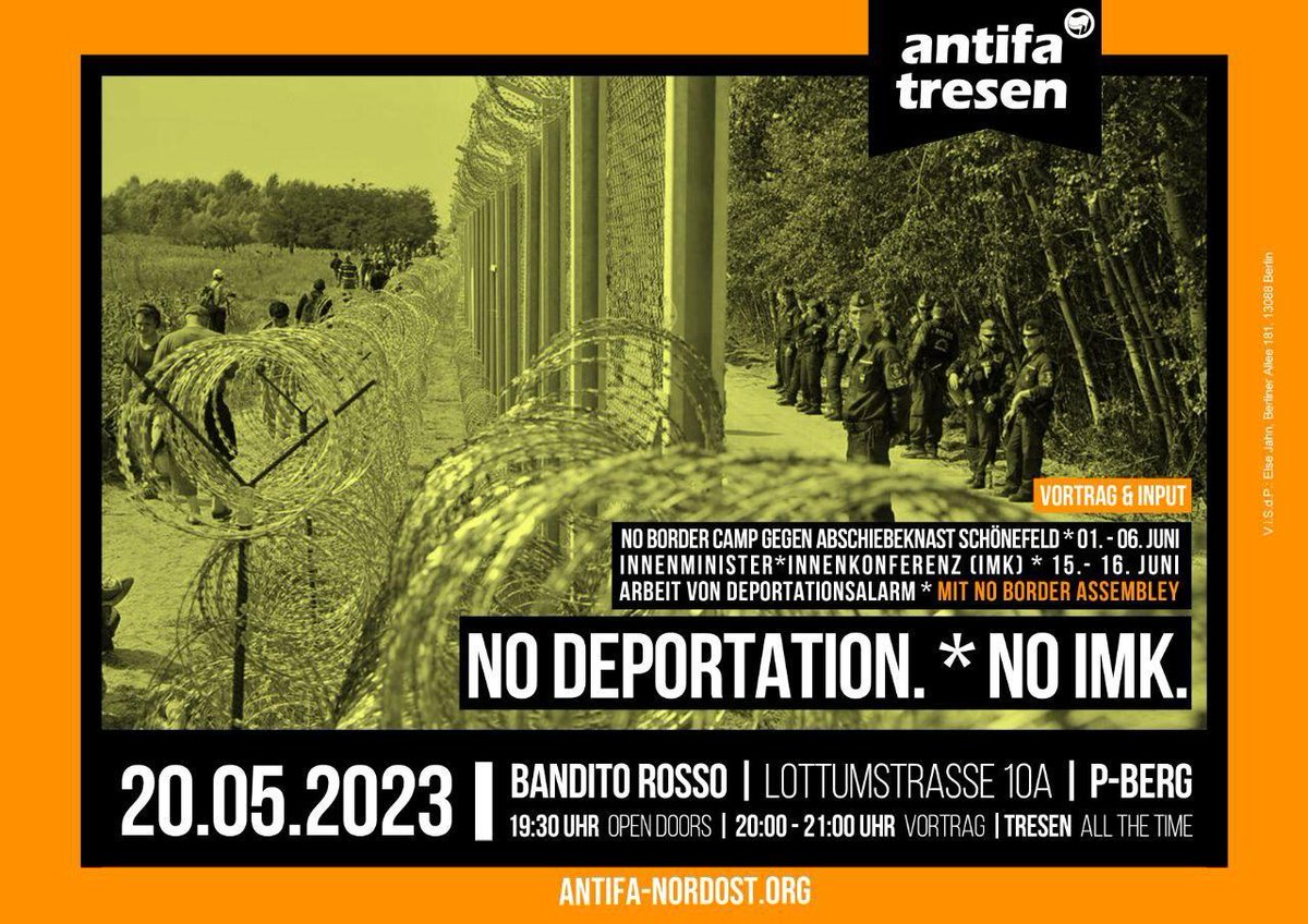 antifanordost's tweet photo. Zum #Antifa Tresen kommt heute ein Aktivist vom Bündnis "#NoIMKProtest". Das Bündnis organisiert den antirassistischen Protest gegen die InnenministerInnenkonferenz am 15. Juni (17:30 Uhr) in #Berlin.
Infos unter: https://t.co/IyTWP4PuDf
#noimk #noracistpolicies #B2005 #B1506 https://t.co/NEDCpqrSLD