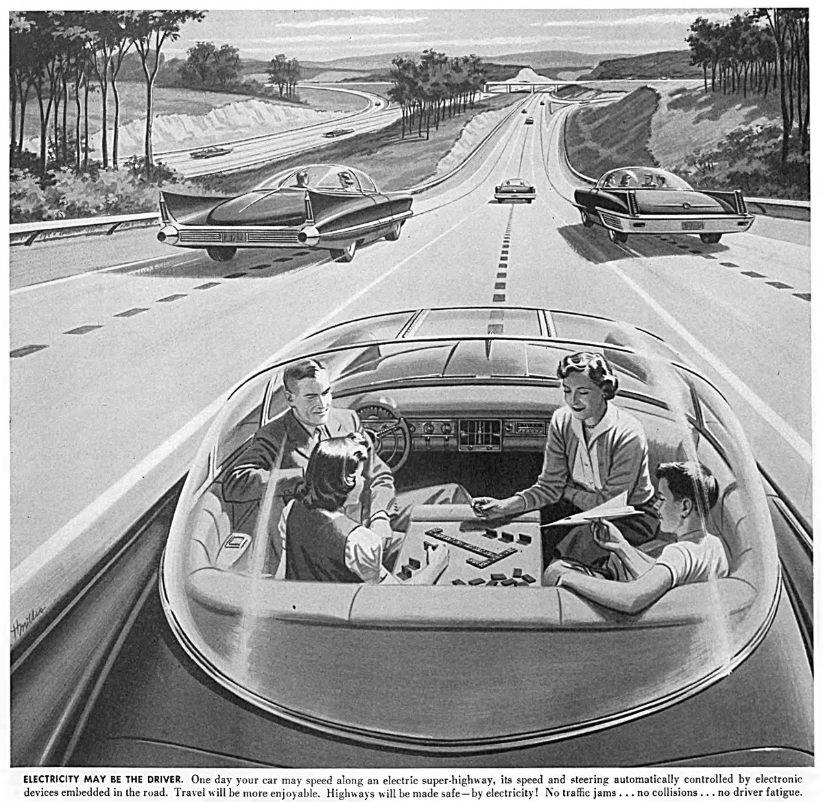 Envisioning a future with driverless cars on an electric super-highway in 1956: