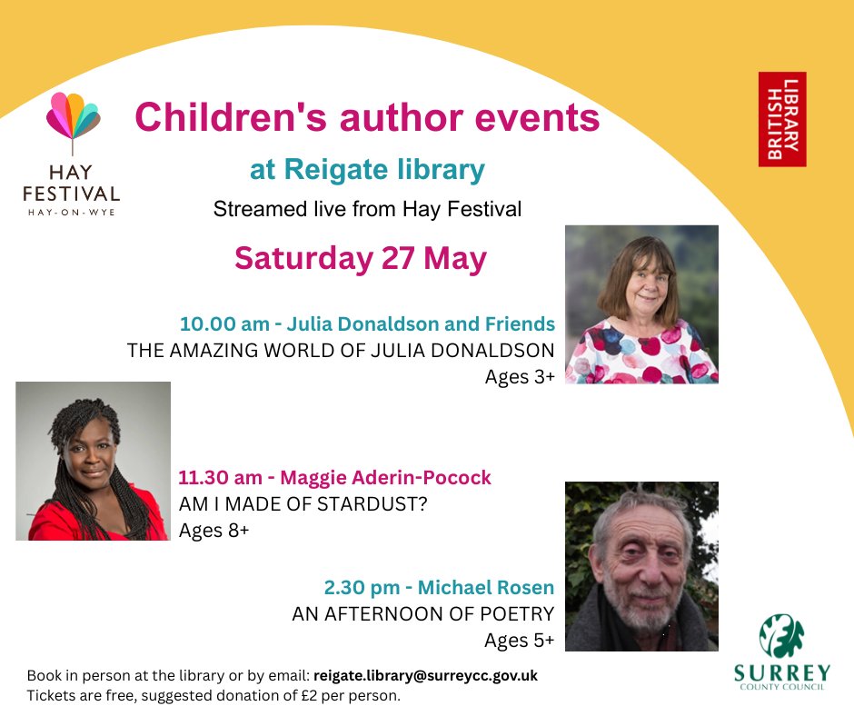 Exciting news! 
We are live streaming three, yes THREE, fantastic events for children from #HayFestival2023 on Saturday 27 May!

Join us for:
Julia Donaldson at 10 am
Dr Maggie Aderin-Pocock at 11.30 am
Michael Rosen at 2.30 pm

Pop in to book your FREE ticket at the desk