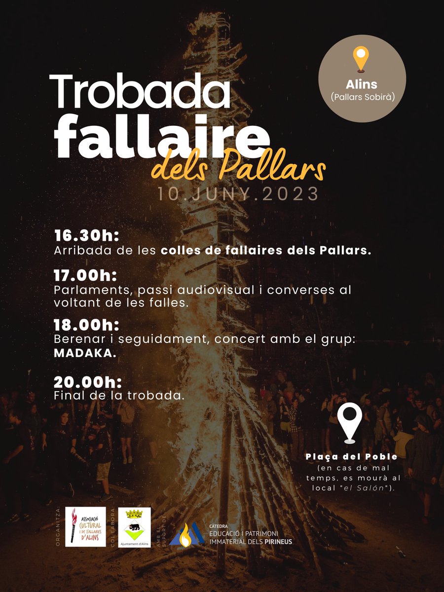 CatedraPirineus's tweet photo. 🔥 Aquest dissabte, 10 de juny, els i les fallaires del Pallars Jussà i del Pallars Sobirà es trobaran a la Plaça del Poble d'Alins! @FallairesPobla @fallesalins #fallesisil #fallesalós https://t.co/FzRSo1bTdk