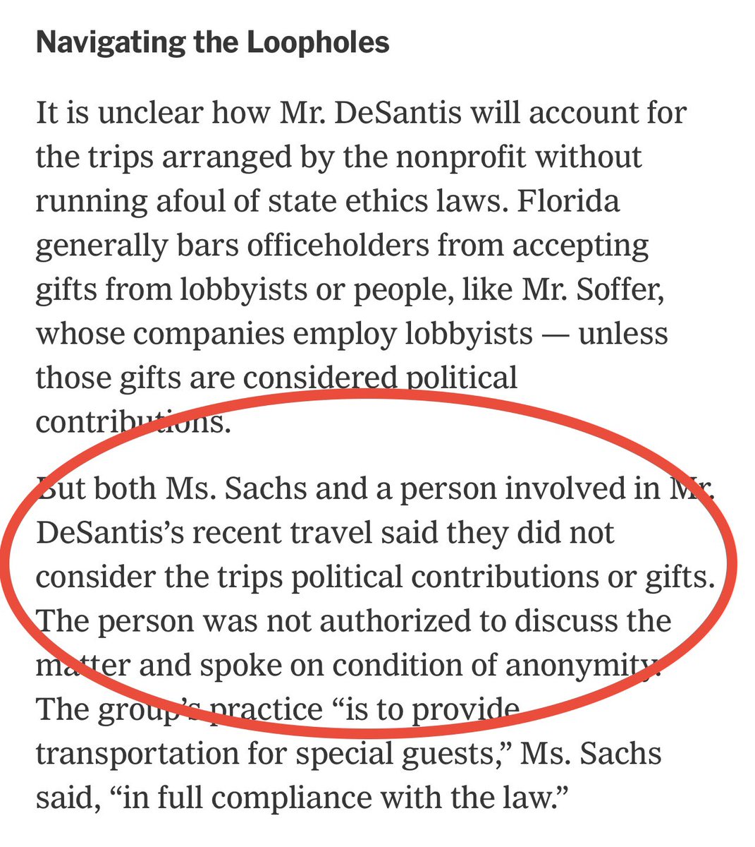 tbridis's tweet photo. If @nytimes is citing ‘person involved in Mr. DeSantis’s recent travel’ asserting absurd opinion that free flights for @GovRonDeSantis on private jets aren’t gifts or political contributions, it should identify this person by name. https://t.co/GNWRDdcpWp https://t.co/rvRWIhSDhV